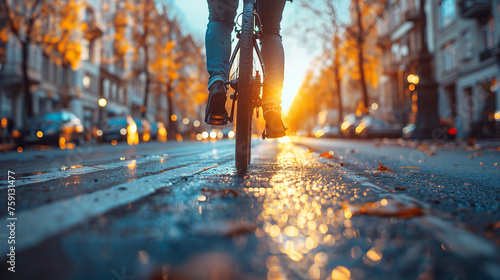 Photo of cyclist from behind riding towards the sun along a city street. photo