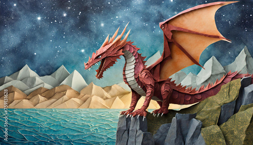 Red dragon standing on a cliffside near the ocean and star filled sky. Handcrafted with paper cutout artwork.