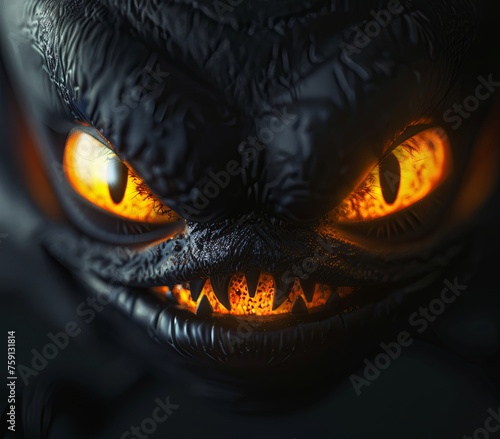 Close-up of the monster with a wicked grin full of sharp teeth. Evil creature. Creepy grimace of a scary character. Illustration for varied design. © Login