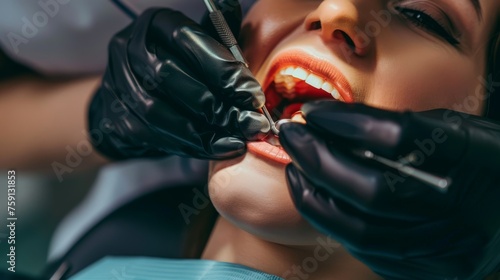 View into a mouth in which a dentist wearing black rubber gloves is carrying out a prophylactic treatment on a patient
 photo
