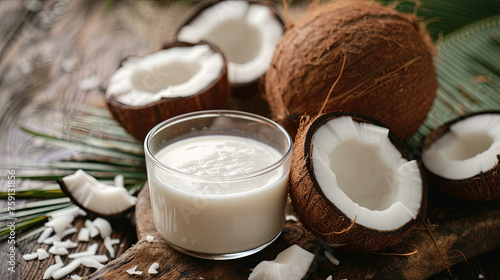 Glass of coconut milk on wooden background with cut coconuts