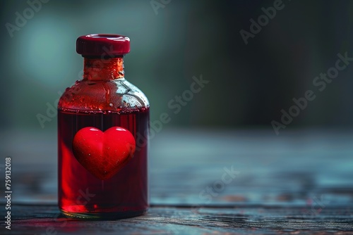 Illustration of a bottle with liquid and a heart inside, standing against the background of laboratory test tubes. Concept: health and love, blood donation and scientific research on feelings and rela