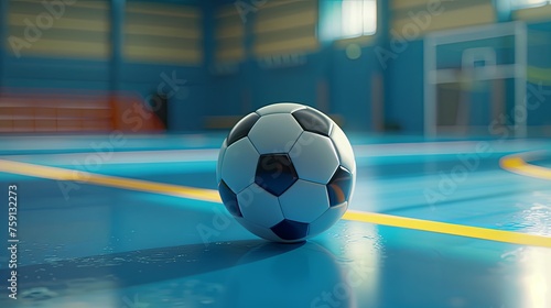 A soccer ball in a gymnasium. Sports banner. Can be used for advertising, marketing or presentation.