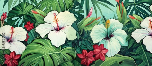 Exotic green pattern with Monstera leaves and hibiscus flowers in a summer design.