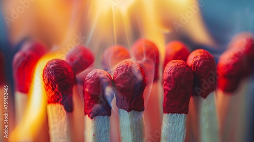 A pile of matches with lighted tips form a bright flame. The concept of danger and destruction. Illustration for cover, card, postcard, interior design, poster, brochure or presentation. photo