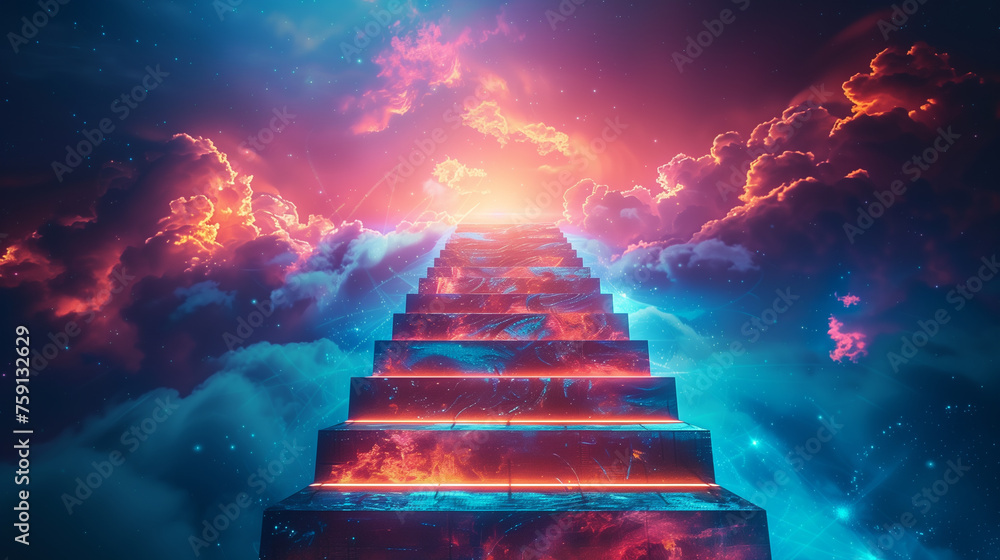 A towering staircase leading to a glowing summit - obrazy, fototapety, plakaty 