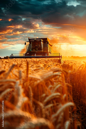 A combine harvester harvests wheat on a field. Selective focus.