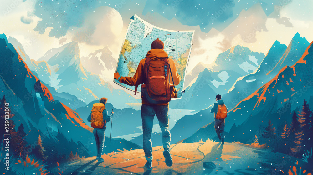 Hikers use a map to guide them - travel concept