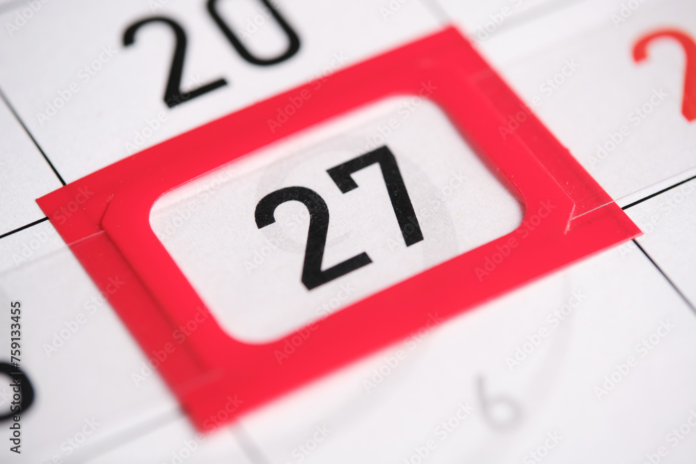 Calendar date. The 27th number the calendar is highlighted in a red frame. Calendar date. The 27th number the calendar is highlighted in a red frame.