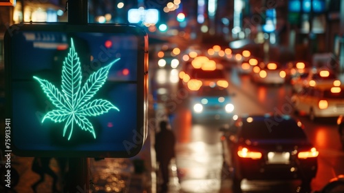 Neon sign of cannabis leaf in city street at night.