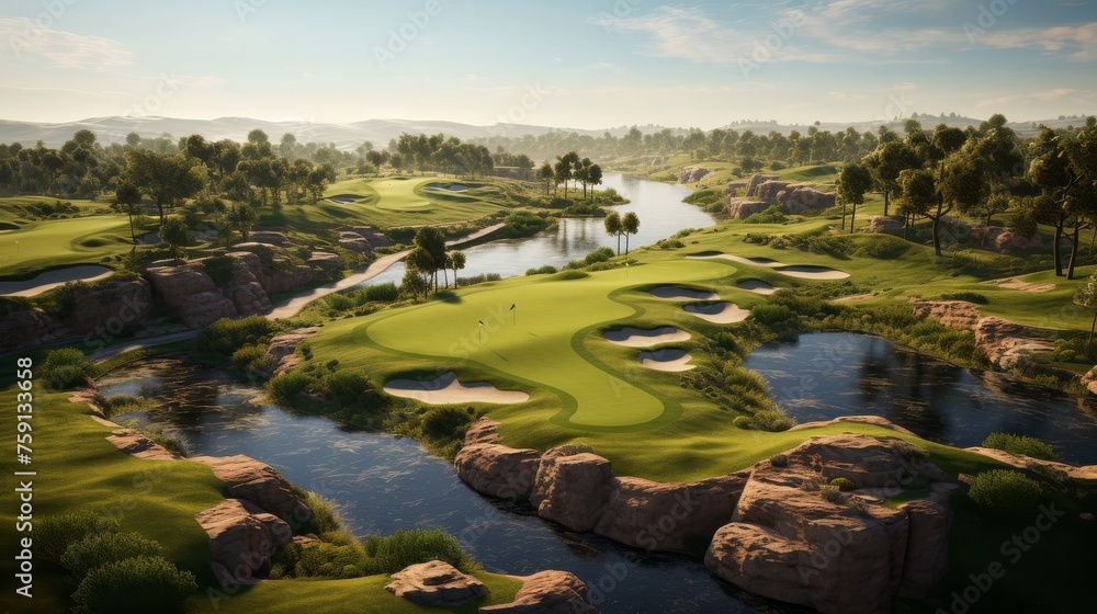 An aerial view of a lush golf course with a serene river gracefully winding through the landscape