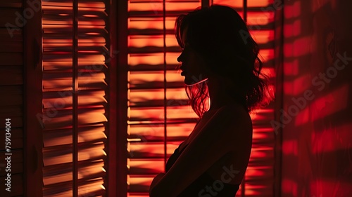 Full length low angle fit female silhouette behind blinds in a window, in the style of retro-futuristic cyberpunk, crisp neo-pop, i can't believe how beautiful this is, rich and immersive, brutalism