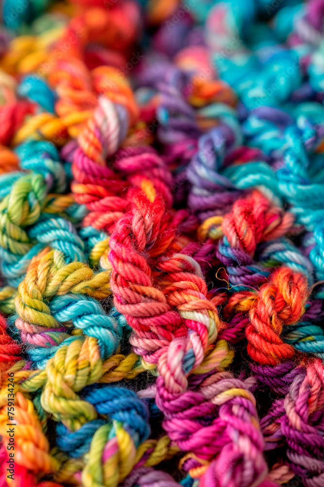 knitting texture with multi-colored threads. Selective focus.