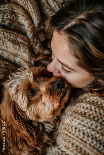 the owner kisses the dog. Selective focus.