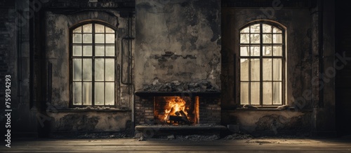 Close up view of a fireplace through an aged window in a deserted building.