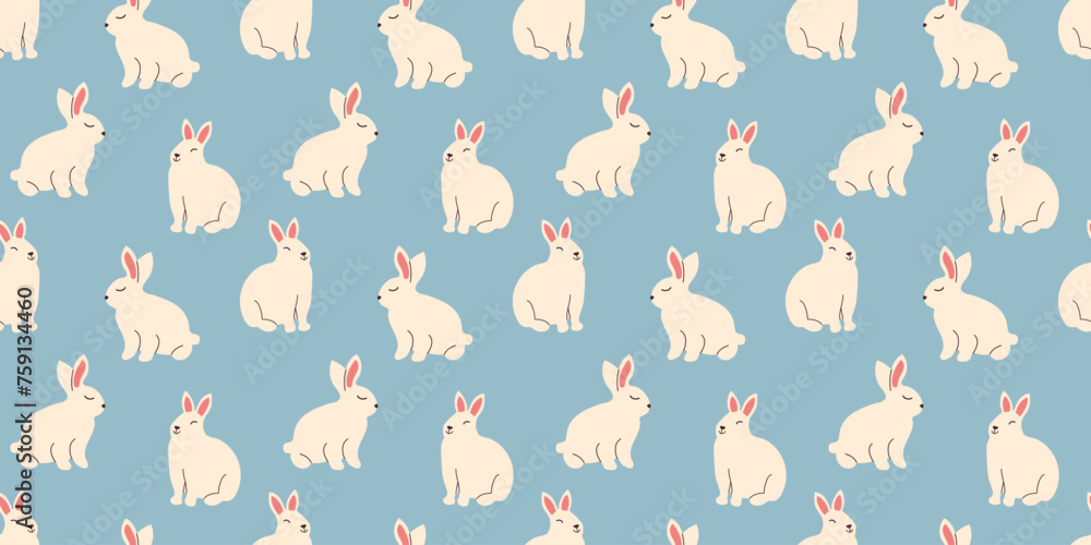 Seamless pattern of cute kawaii Bunny. Springtime Easter white rabbit on blue background. Hand drawn animal endless design