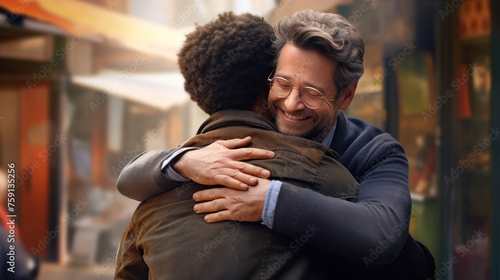 Fototapeta premium Celebrating International Hug Day, a couple of men hug joyfully on the street on International Hug Day.