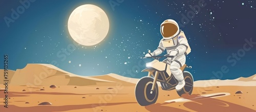 astronaut in spacesuit riding a motorbike in moon