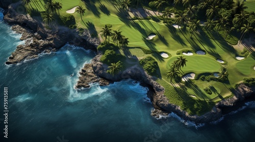 Aerial view of a lush golf course nestled near the ocean, with players teeing off under clear skies