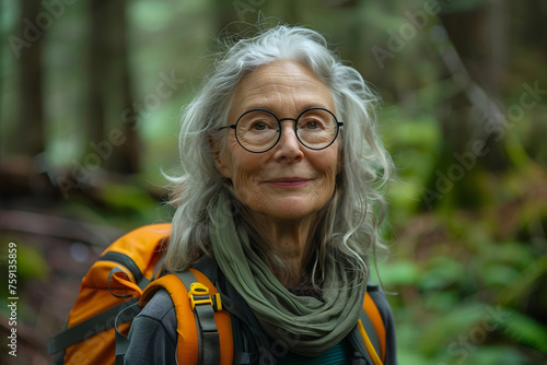 a photo of grandmother pendragon, a friendly 80 year old psychic with shoulder length grey hair and circular glasses, she is a slim woman, she is walking in the forest