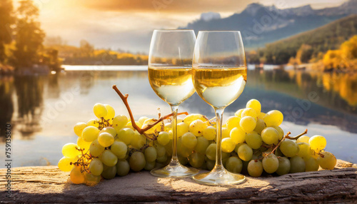 Deux verres de vin blanc et des grappes de raisin au bord d'un lac de montagne. 