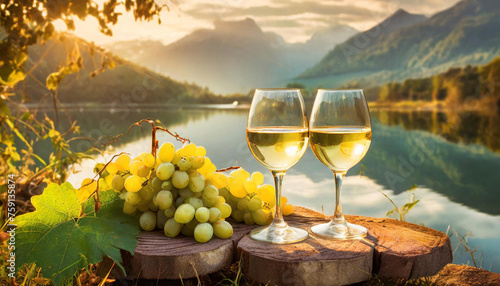 Deux verres de vin blanc et des grappes de raisin au bord d'un lac de montagne. 