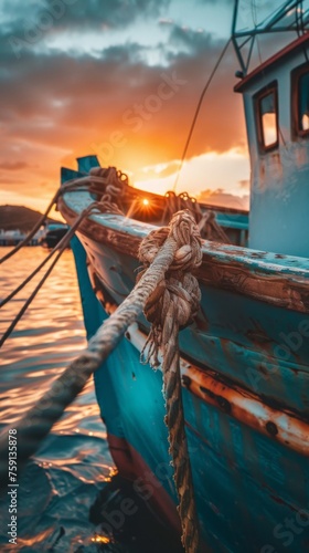  wide angle a part of fishing boat  at sunset warm color shadow.