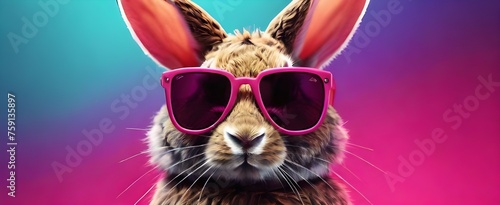 Vibrant neon background, a rabbit wears stylish pink sunglasses. Generative AI