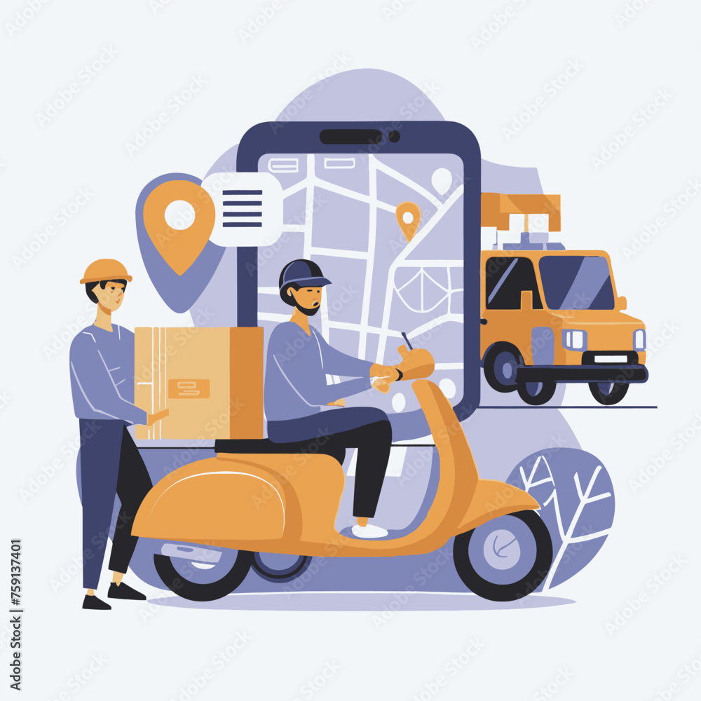 2d vector illustration A courier wearing a shirt is delivering a package mobile with location gps
2d vector illustration A courier wearing a shirt is delivering a package mobile with location gps