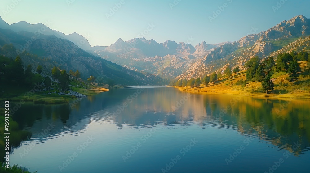 Peaceful Mountain Lake in Valley at Daytime
