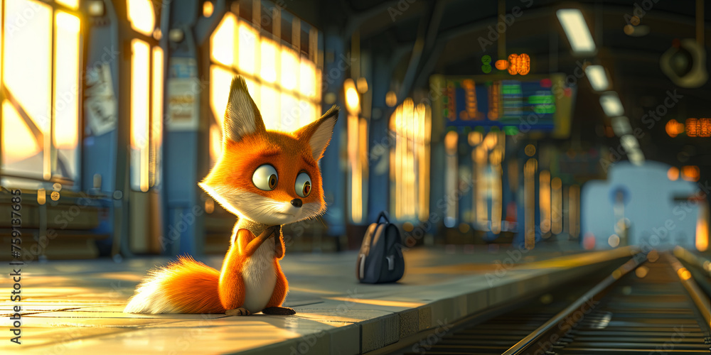 Photorealistic illustration with a sad tiny fox missed the train. Banner. Copy space