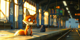 Photorealistic illustration with a sad tiny fox missed the train. Banner. Copy space