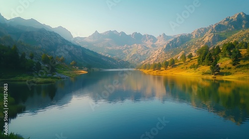 Peaceful Mountain Lake in Valley at Daytime