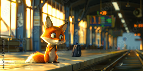 Photorealistic illustration with a sad tiny fox missed the train. Banner. Copy space photo