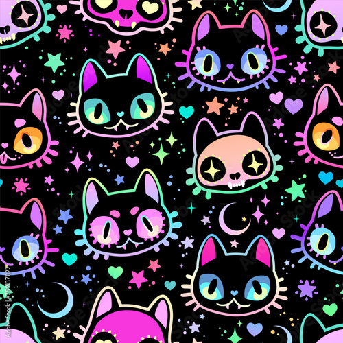 Seamless vector illustration. Drawn cute animals in bright colors on a black background