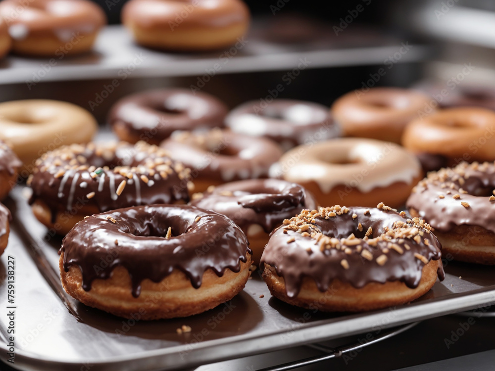Close-up of delicious brown donuts on metallic tray over counter Close-up of delicious brown donuts on metallic tray over counter