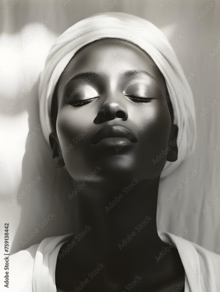 black and white photo of a beautiful Afro woman with closed eyes and a light smile. black and white photo of a beautiful Afro woman with closed eyes and a light smile.