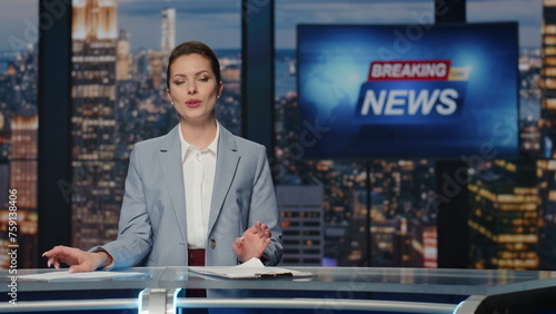 Woman host presenting newscast standing tv stage near screen. Lady breaking news