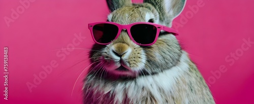 Vibrant neon background  a rabbit wears stylish pink sunglasses. Generative AI