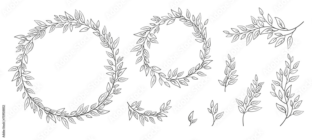 Delicate linear floral elements and wreaths for greeting cards, invitations, labels, corporate identity, natural and organic products. Botanical branches with leaves