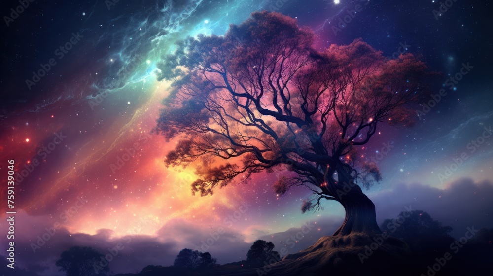 The crown of a large tree against the background of the starry sky. - obrazy, fototapety, plakaty 