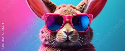 Vibrant neon background, a rabbit wears stylish pink sunglasses. Generative AI