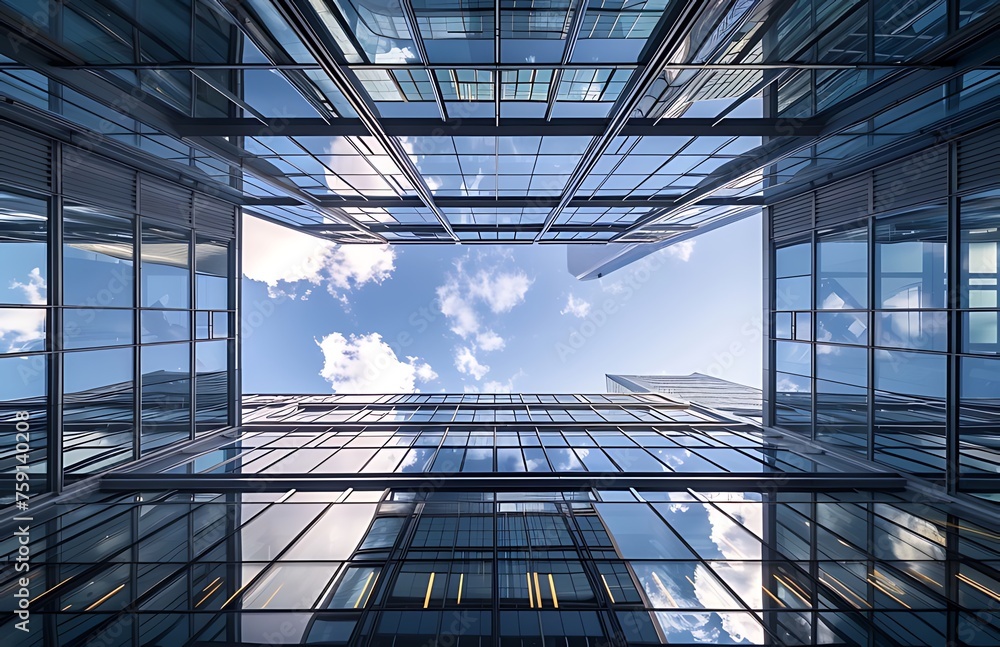 Obraz premium Modern Architecture: Abstract of skyscrapers with glass windows and steel building structures against the scenery blue sky background.