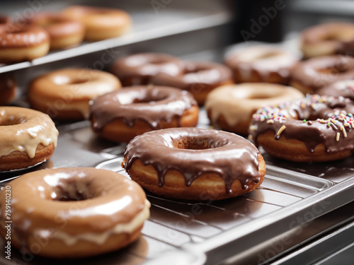 Close-up of delicious brown donuts on metallic tray over counter