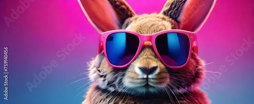 Vibrant neon background, a rabbit wears stylish pink sunglasses. Generative AI © Carlos