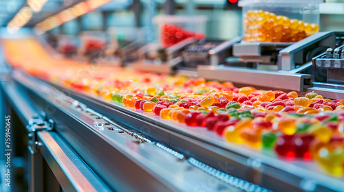 Jelly candy production tape at the factory. Selective focus. photo