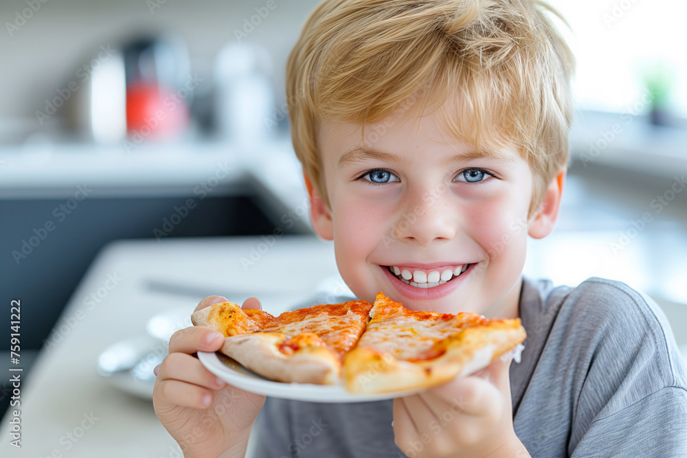 Kid happily munches on pizza in home kitchen