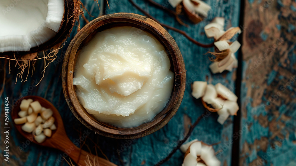 Coconut oil on the table. Selective focus. Coconut oil on the table. Selective focus.