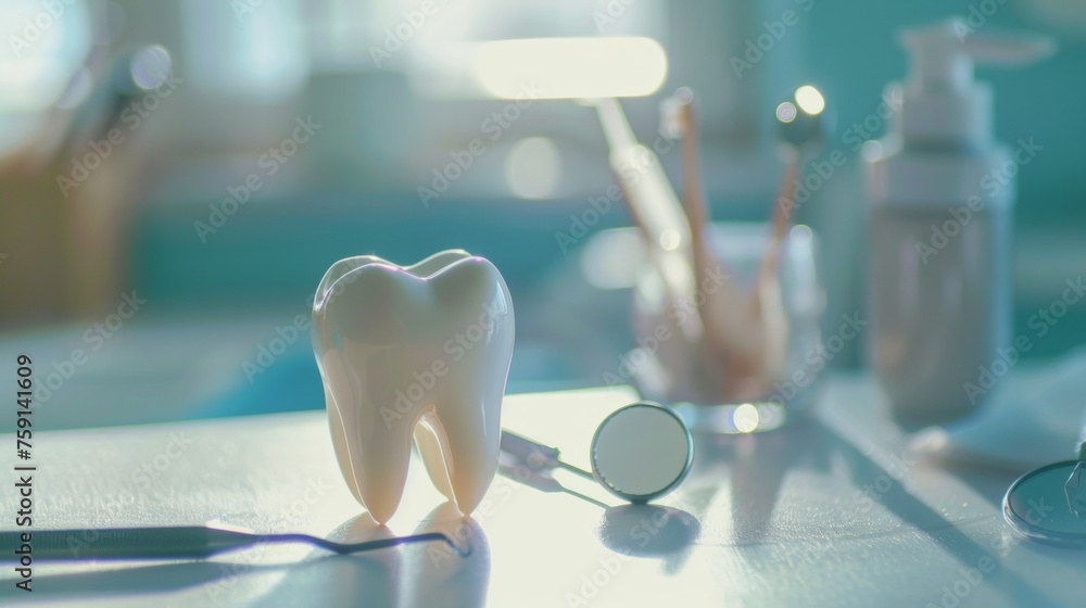 Close-up view of human tooth 3D model on table Close-up view of human tooth 3D model on table