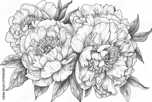 Fototapeta Naklejka Na Ścianę i Meble -  This image features a detailed black and white line drawing of peonies, designed for coloring.